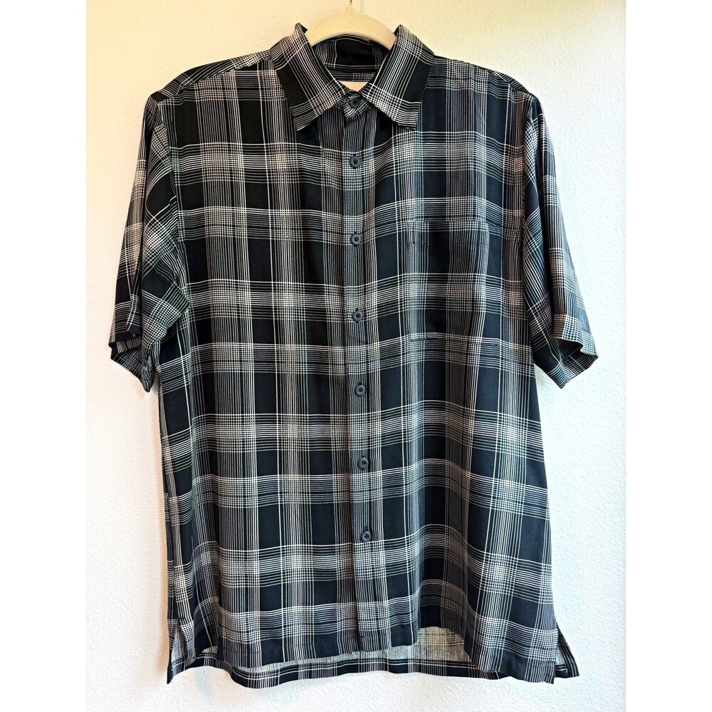 Vintage Silk S Black/White Plaid 100% Silk Short Sleeve Button-Up Shirt